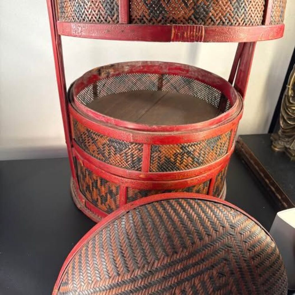 Chinese Wedding Basket 3-Tier Woven Antique